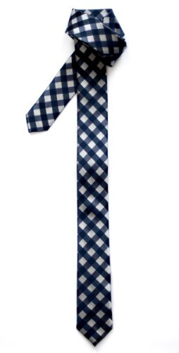 Retreez Classic Check Woven Microfiber Skinny Tie - Navy Blue and Grey Check