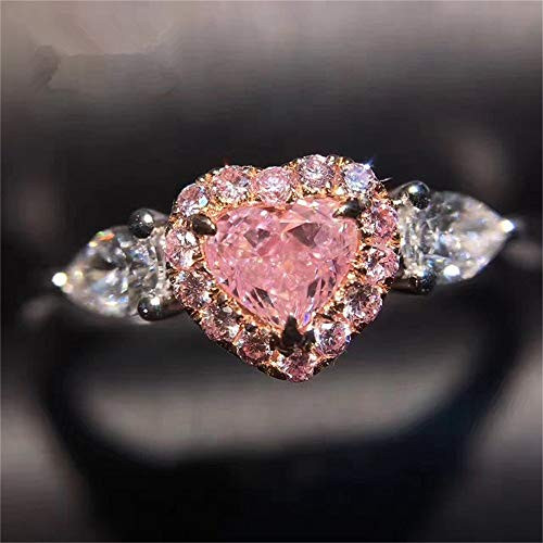 925 Sterling Silver Heart-Shaped Perfect Cut 2ct Pink Gemstone Ring Three-Stone Shiny Heart Rings CZ Cubic Zirconia Promise Love Halo Engagement Weddi