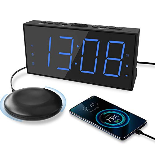 Extra Loud Alarm Clock with Bed Shaker for Heavy Sleeper  Dual Vibrating Alarm Clock with USB Charger for Hearing-impaired Deaf  7-5 Large Display D