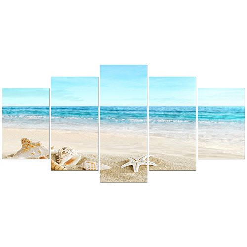 Pyradecor Sea Shells Giclee Canvas Prints Modern Seascape Artwork Landscape Pictures Paintings on Stretched and Framed Canvas Wall Art for Home Decor Extra Large