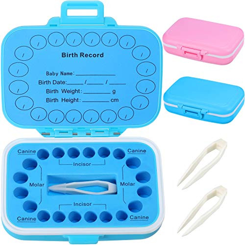 2 Pieces Baby Keepsake Tooth Box PP Baby Teeth Storage Holder Fairy Tooth Boxes Saver First Tooth Collection Container for Boys and Girls -Blue and Pi