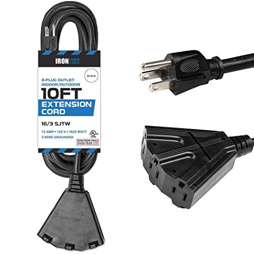 10 Ft Outdoor Extension Cord with 3 Electrical Power Outlets - 16-3 SJTW Durable Black Cable