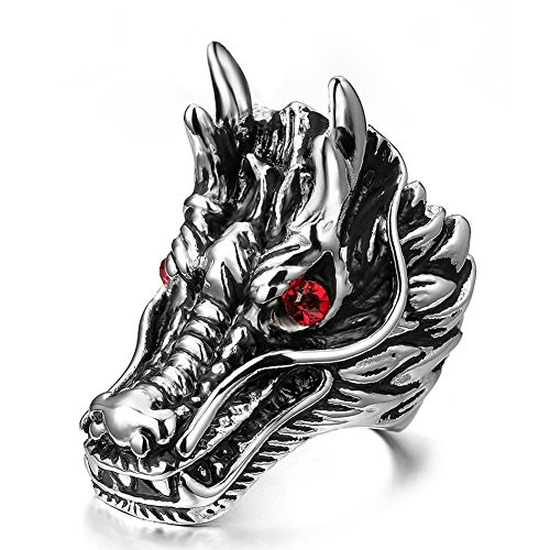 Mens Gothic Stainless Steel Band Rings Silver Black Vintage Dragon Head with Red Eye Biker Rings Size 9