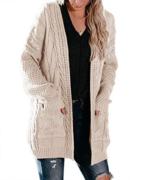 Saodimallsu Womens Oversized Open Front Cardigan Loose Slouchy Long Sleeve Warm Cable Knit Sweaters Coat with Pockets Beige