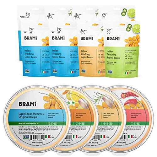 BRAMI Lupini Beans Snack  Variety Pack 2-3oz -8 Pack- - BRAMI Lupini Bean Hummus  Variety 10oz -4 Pack- Bundle