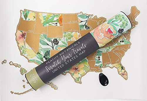Jetsetter Maps Scratch Your Travels Peachy Botanicals Watercolor Floral USA Map -Gold-