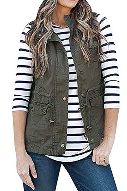 SENSERISE Womens Lightweight Sleeveless Military Anorak Drawstring Jacket Vest-Army Green S-