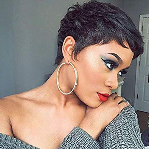 Abbily Hair Human Hair Short Wigs Short Human Hair Pixie Cut Wigs with Bangs Brazilian Hair Short Wigs Black Layered Wavy Wigs for Women 1B Color