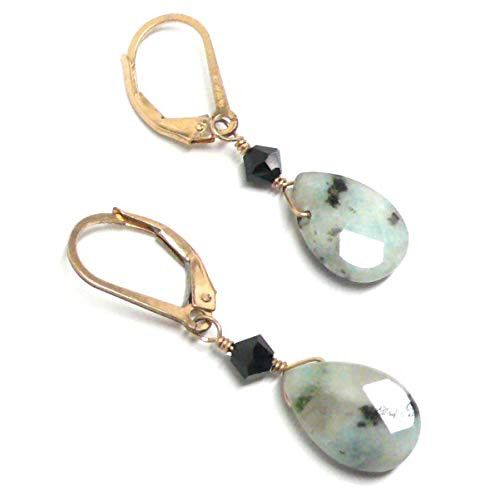 Sesame Jasper Briolette Lever Back Earrings Swarovski Crystal Gold-Filled