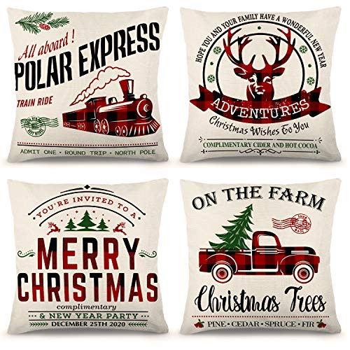 ZJHAI Christmas Pillow Covers 18×18 Inch Set of 4 Black and Red Buffalo Plaid Farmhouse Pillow Covers Holiday Rustic Linen Pillow Case for Sofa Couch
