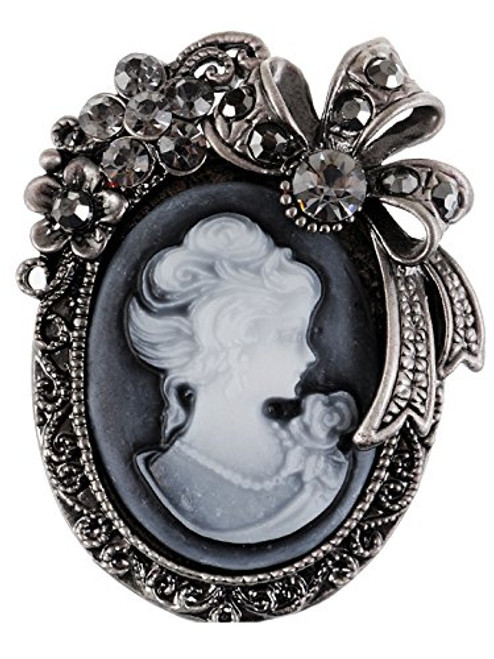 Alilang Vintage Inspired Crystal Rhinestone Victorian Lady Cameo Brooch Pin Maiden Flower Ribbon Bow Pendant Grey