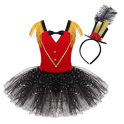 Hansber Kids Girls Circus Ringmaster Costume Dancewear with Steampunk Mini Top Hat Fascinator Halloween Cosplay Party Red 10 Years
