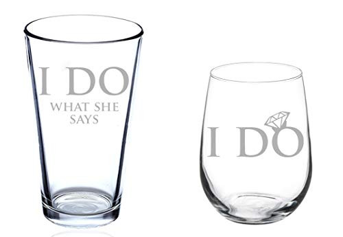 Set of 2 Glasses Stemless WINE and Beer PINT Glass I Do What She Says Bride Groom Wedding Engagement