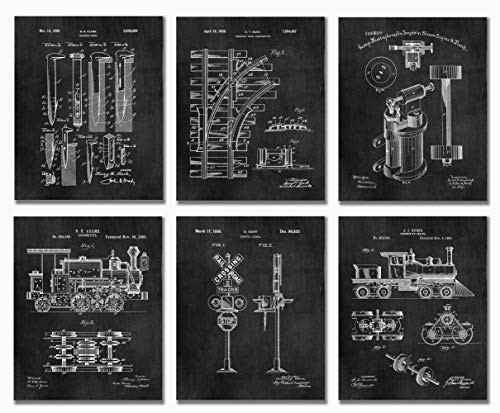 Railroad Patent Wall Art Prints -Set of SIX 8x10- Locomotive Train Railway Gifts - Artwork Decor - Chalkboard
