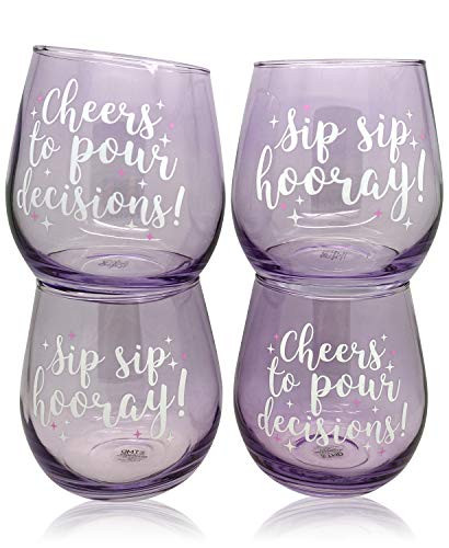 Tmd Holdings Set of 4 Wine Not Sayings  Purple Stemless Wine Glasses