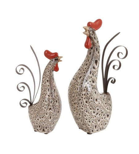 Deco 79 Ceramic Metal Rooster Sculpture  13-Inch-10-Inch  Set of 2