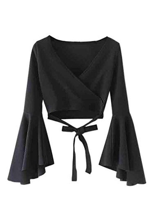 SweatyRocks Womens Long Sleeve V Neck Tie Knot Bandage Wrap Blouse Crop Top -Large  Black-