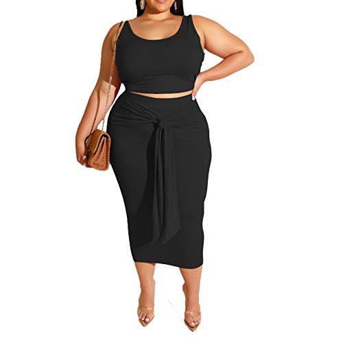 Womens Sexy Plus Size Tie Dye Print Tanks Crop Top Bandage Bodycon 2 Pieces Long Midi Pencil Dresses Outfits Skirt Set Black Solid 2XL