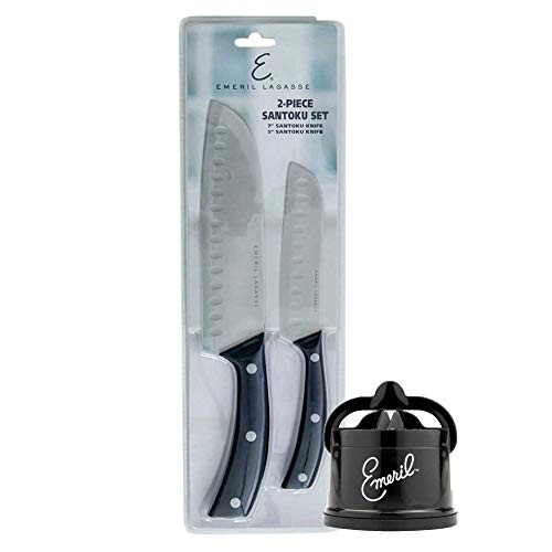 Emeril Lagasse 2-Piece Stamped Santoku Knife Set - 7 Santoku Knife and 5 Santoku Knife - Tungsten Carbide Countertop Sharpener -Black- - Slice Effortl Emeril Lagasse 2-Piece Stamped Santoku Knife Set - 7 Santoku Knife and 5 Santoku Knife - Tungsten Carbide Countertop Sharpener -Black- - Slice Effortl
