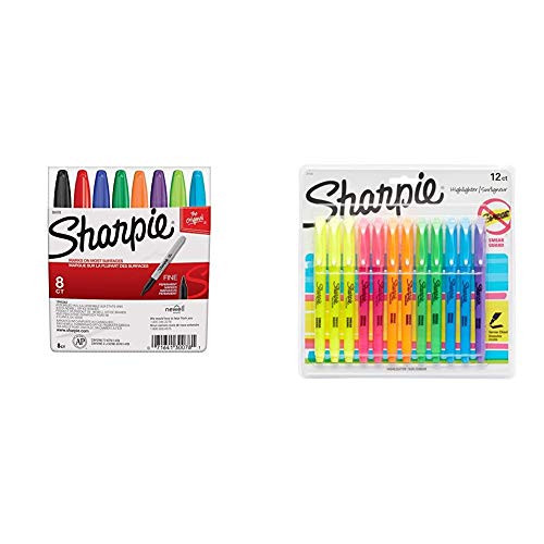 Sharpie 30078 Permanent Markers  Fine Point  Classic Colors  8 Count and 27145 Pocket Highlighters  Chisel Tip  Assorted Colors  12-Count
