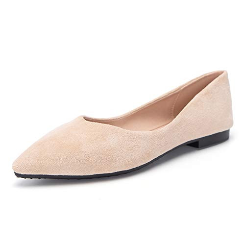 URELEGAN Womens Pointed Toe Ballet Flats Classic Comfort Faux Suede Casual Dress Shoes Beige Size 8