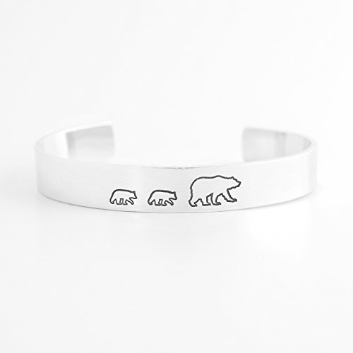 Mama Bear with Two Cubs Cuff Bracelet - Hand Stamped Aluminum