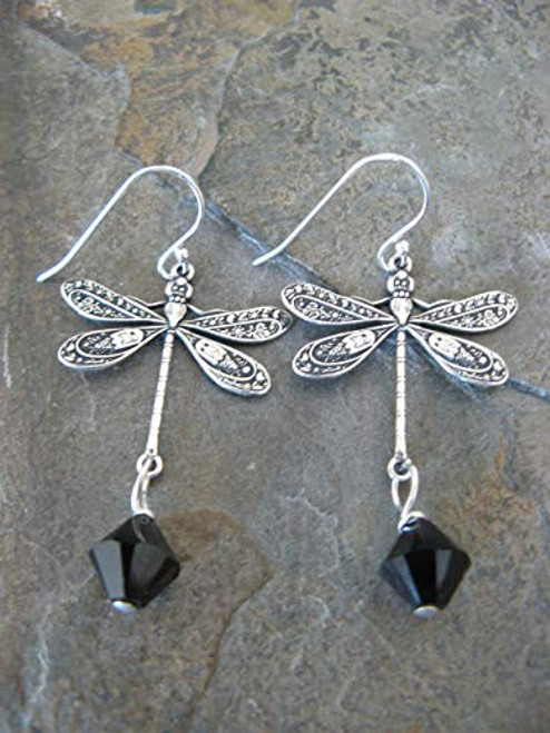 Vintage Style Dragonfly Earrings with Black Swarovski Crystals on Sterling Silver Wires Boho Artisan Jewelry Vintage Style Dragonfly Earrings with Black Swarovski Crystals on Sterling Silver Wires Boho Artisan Jewelry