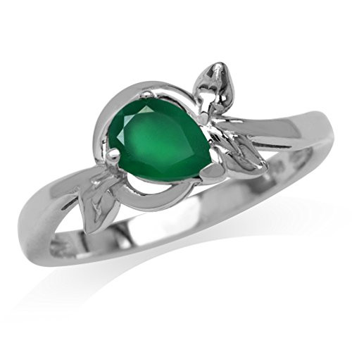 Silvershake Natural Emerald Green Agate White Gold Plated 925 Sterling Silver Leaf Ring Size 10
