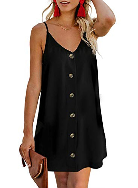 AlvaQ Women Summer V Neck Spaghetti Strap Button Down Loose Tunic Skater Mini Dress Black Medium AlvaQ Women Summer V Neck Spaghetti Strap Button Down Loose Tunic Skater Mini Dress Black Medium
