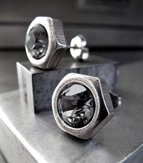 Mens Hex Nut Stud Earrings with Swarovski Crystal Silver Plated Hardware Jewelry Mens Hex Nut Stud Earrings with Swarovski Crystal Silver Plated Hardware Jewelry