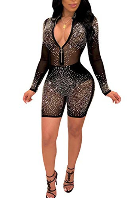 acelyn Womens Sexy Rhinestone Mesh See Through Long Sleeve Bodycon Clubwear Jumpsuit Rompers -Large  Black- acelyn Womens Sexy Rhinestone Mesh See Through Long Sleeve Bodycon Clubwear Jumpsuit Rompers -Large  Black-