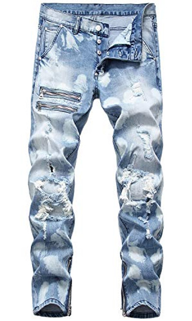 HENGAO Mens Stretch Straight Fit Destroyed Ripped Biker Jeans  1161 Light Blue  32