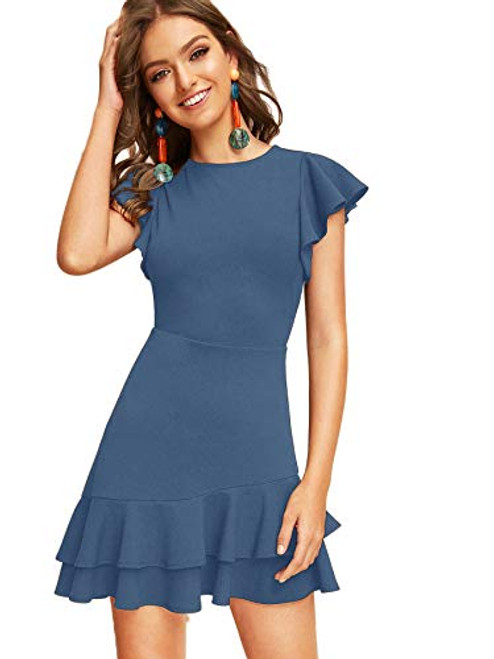 Floerns Womens V Back Inslace Layered Ruffle Hem Flutter Sleeve Dress Blue S