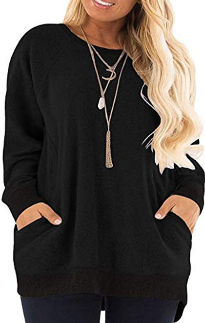 Womens Casual Plus Size Long Sleeve Round Neck Pocket T Shirts Blouses Sweatshirts Tunic Tops-Black 3X-
