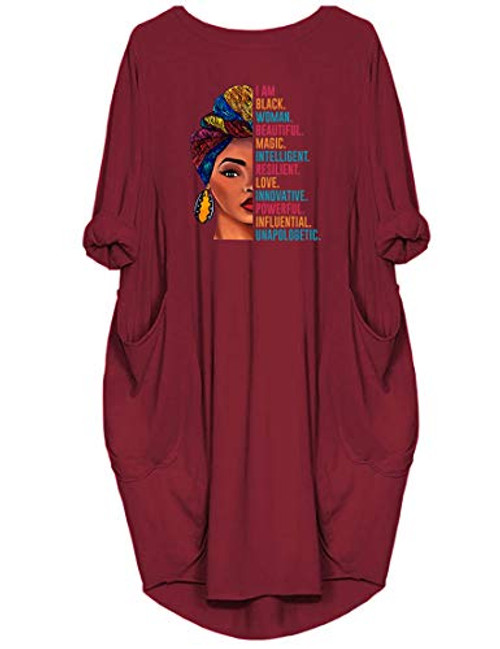 JiaMa Black Woman Beautiful Magic Long Sleeve Loose Pocket Oversize Tunic Dress  Red  Large