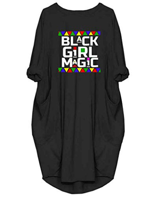 WbJetr Women Black Girl Magic Long Sleeve Loose Pocket Oversize Tunic Dress Tops