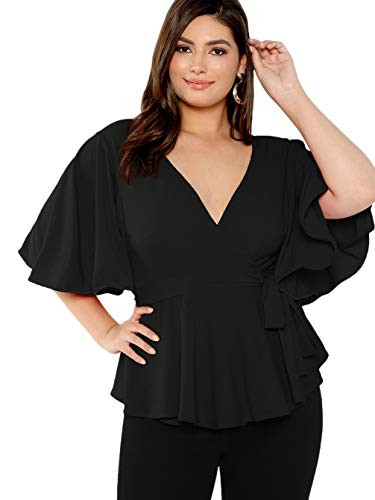 Romwe Womens Plus Size Short Sleeve Deep V Neck Self Belted Casual Peplum Wrap Blouse Black 0X Plus