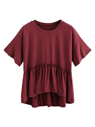 Romwe Womens Loose Ruffle Hem Short Sleeve High Low Peplum Blouse Top Burgundy Medium