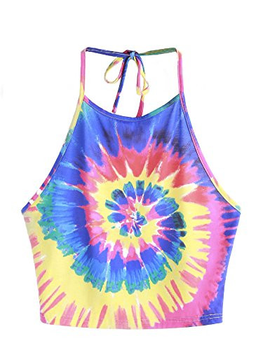 Romwe Womens Sexy Spiral Tie Dye Multicolor Print Backless Tie Halter Top S
