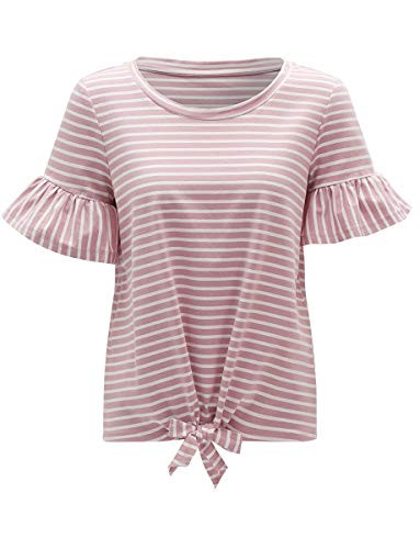 Romwe Womens Striped Short Sleeve Tie Front Knot Casual Loose Fit Tee T-Shirt Pink L