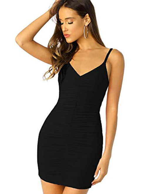 SheIn Womens Ruched V Neck Cami Dress Backless Sleeveless Stretchy Bodycon Mini Dress Medium Black