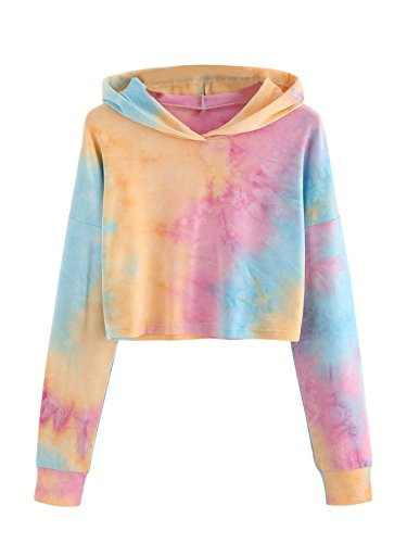 SweatyRocks Womens Tie Dye Long Sleeve Workout Crop Top Sweatshirt Hoodies Yellow Blue XS