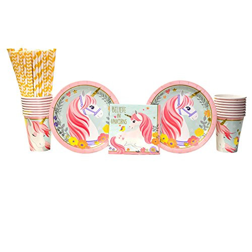 Magical Unicorn Party Supplies Pack for 16 Guests: Straws, Dessert Plates, Beverage Napkins, and Cups