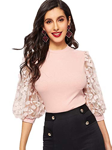 Romwe Womens Summer Short Sleeve Mock Neck Casual Blouse Tops Pink Medium