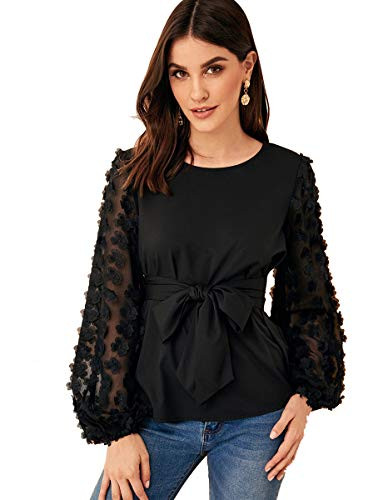 Romwe Womens Mesh Embroidered Floral Sleeve Belted Blouse Top Black L