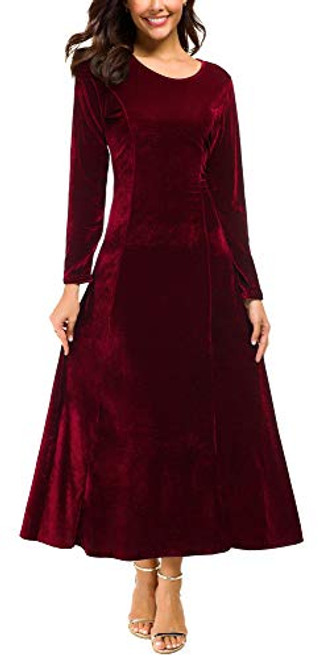 Urban CoCo Womens Elegant Long Sleeve Ruched Velvet Stretchy Long Dress -L  Wine red-