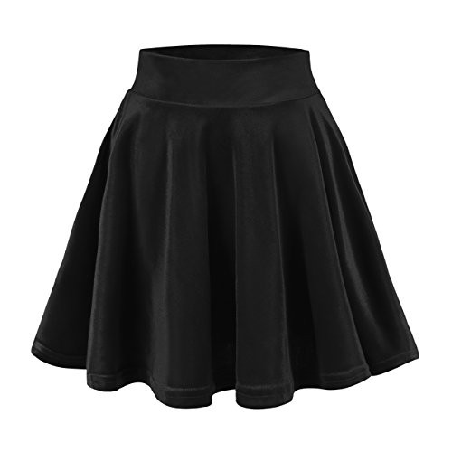 EXCHIC Womens Velvet Basic Versatile Stretchy Flared Skater Skirt High Waist Mini Dress -M  Velvet Black-