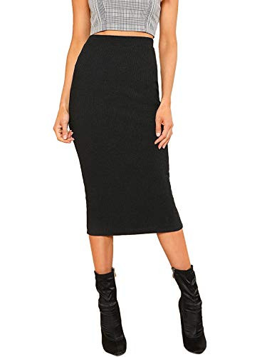 SheIn Womens Elegant Plain Stretchy Ribbed Knit Midi Full Length Basic Pencil Skirt Black Large