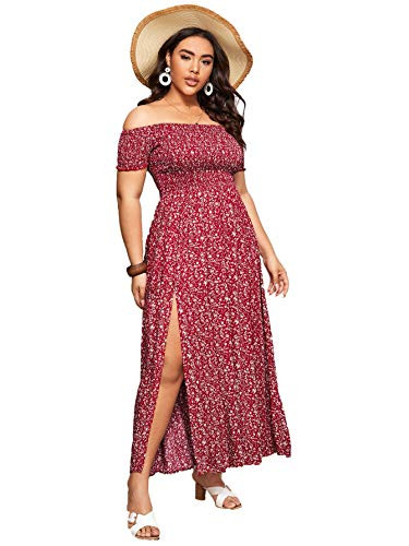 Floerns Womens Boho Floral Print Off Shoulder Split Long A Line Dress A Red Plus 3XL