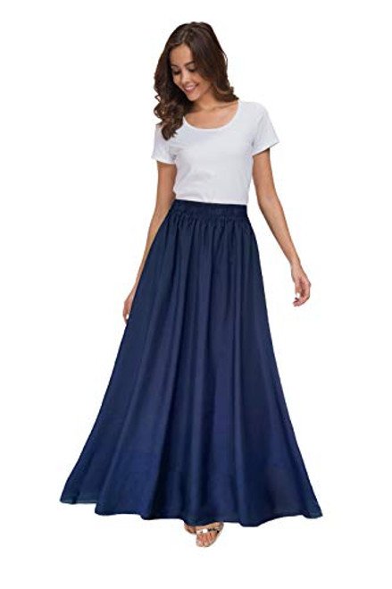 Sinono Womens Chiffon Retro Maxi Skirt Vintage Ankle-Length Skirts -Medium  Navy Blue-